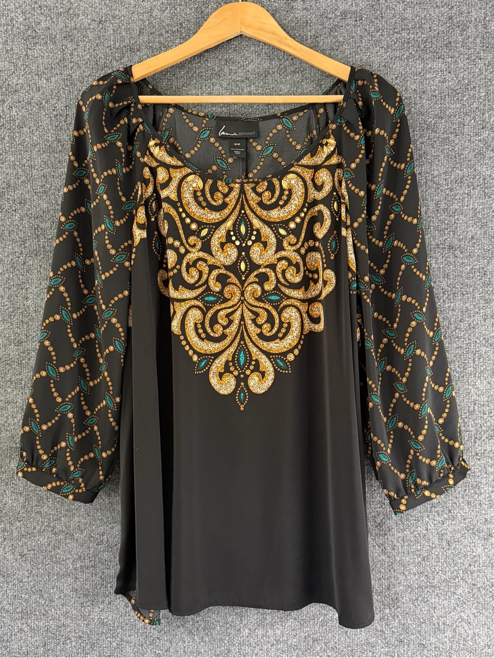Lane Bryant Womens Embellished Top Size 18/20 Black Gold 3/4 Sleeve Office